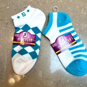 NWT 2 pr FootJoy ProDry White & Turquoise Socks for women, thin & wicks sweat!